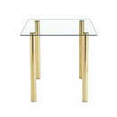 A modern minimalist style glass dining table. Transparent tempered glass tabletop with a thickness of 0.3 feet and golden metal legs. Suitable for restaurants and living rooms. 51"x31.4"x29.5"