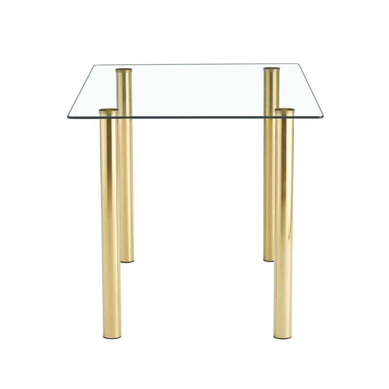 A modern minimalist style glass dining table. Transparent tempered glass tabletop with a thickness of 0.3 feet and golden metal legs. Suitable for restaurants and living rooms. 51"x31.4"x29.5"