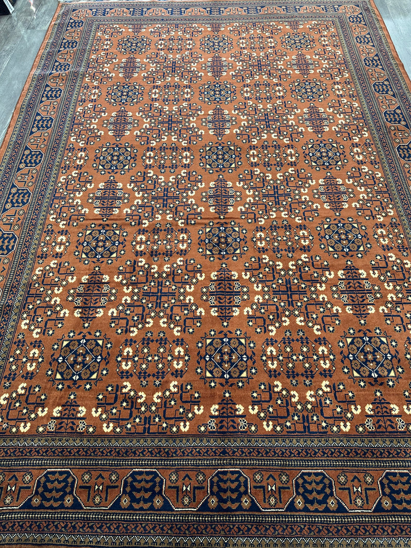 Hand-Knotted Afghani Bukharayi Rug | 6'7" x 10' Wool Area Carpet – Traditional Geometric Design
