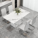 A simple dining table. A dining table with a white marble pattern. 4 PU synthetic leather high backrest cushioned side chairs with C-shaped silver metal legs. DT-SQ-16090-wh