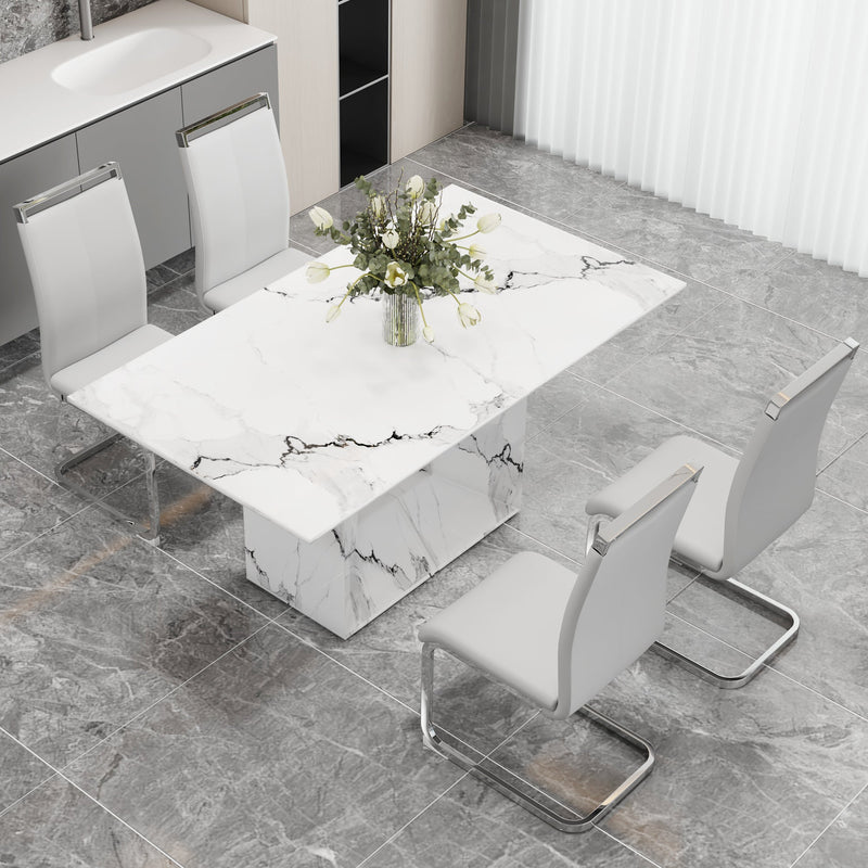 A simple dining table. A dining table with a white marble pattern. 4 PU synthetic leather high backrest cushioned side chairs with C-shaped silver metal legs. DT-SQ-16090-wh