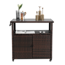 Outdoor Wicker Bar Cart with Glass Top and Wheels - Light Brown