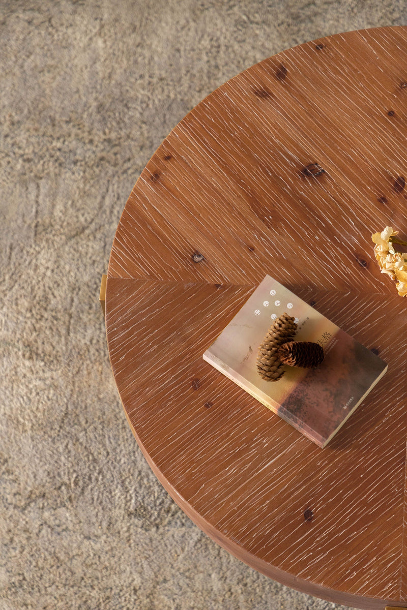 33.86"Modern Retro Splicing Round Coffee Table,Fir Wood Table Top with Gold Cross Legs Base