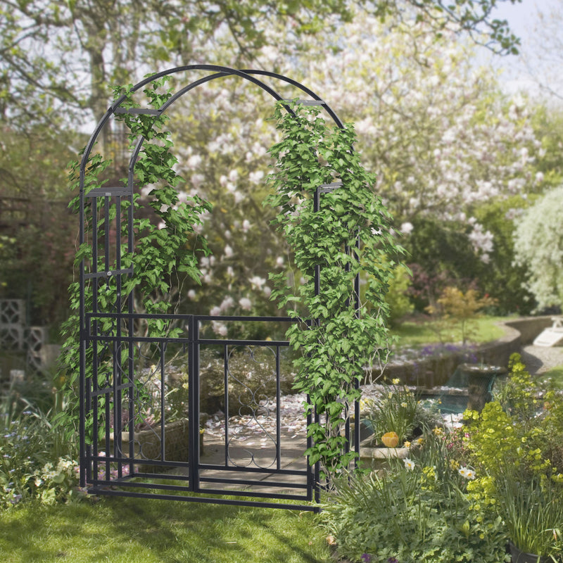 81" Metal Garden Arbor with Double Doors, Locking Gate, Climbing Vine Frame with Heart Motifs, Arch for Wedding, Bridal Party Decoration, Grey