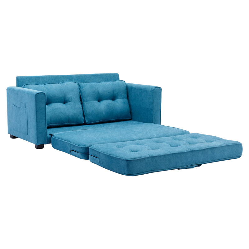 59.4" Loveseat Sofa with Pull-Out Bed Modern Upholstered Couch with Side Pocket for Living Room Office, Blue