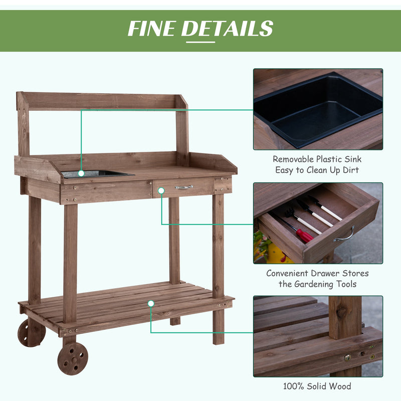 36" Wooden Potting Bench Work Table with 2 Removable Wheels, Sink, Drawer & Large Storage Spaces, Brown