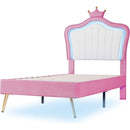 Twin Size Upholstered Bed Frame with LED Lights, Modern Upholstered Princess Bed With Crown Headboard,White+Pink