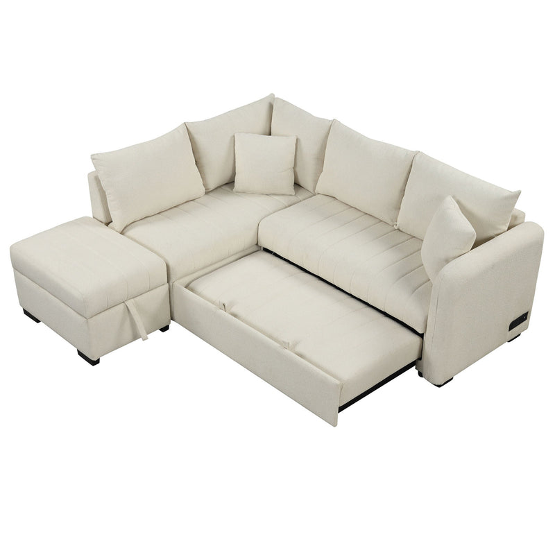 82.6" L-shaped Sectional Pull Out Sofa Bed Sleeper Sofa with Two USB Ports, Two Power Sockets and a Movable Storage Ottoman, Beige