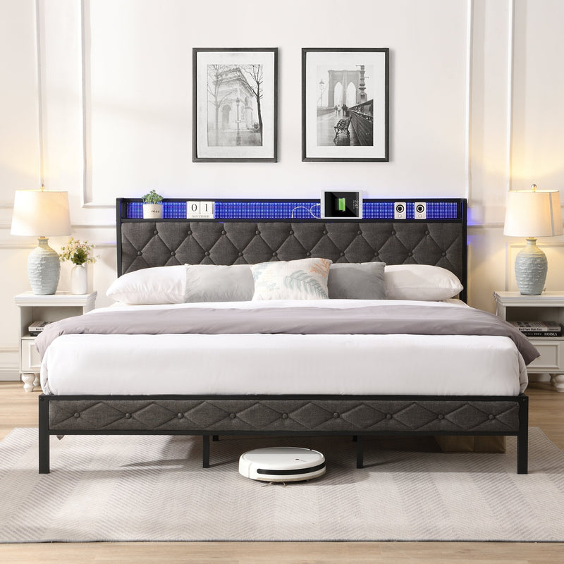 Walker Edison | Upholstered Storage Charging Station and LED Lights Bed