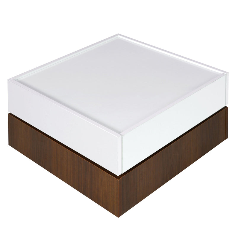 Walker Edison - Square 360°Rotating Coffee Table with 2 Drawers, High Gloss 2-Tier Center Table with Swivel Tabletop and Storage, Walnut Table Frame Side Table for Living Room, White