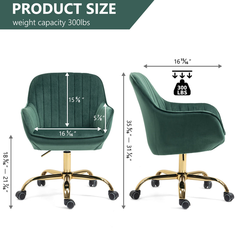 360 Green Velvet Swivel Chair With High Back, Adjustable Working Chair With Golden Color Base