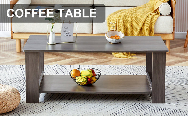 A modern and practical gray textured coffee table,tea table.Double layered coffee table made of MDF material,. Suitable for living room,bedroom and study room. 43.3"x21.6"x16.5" CT-16