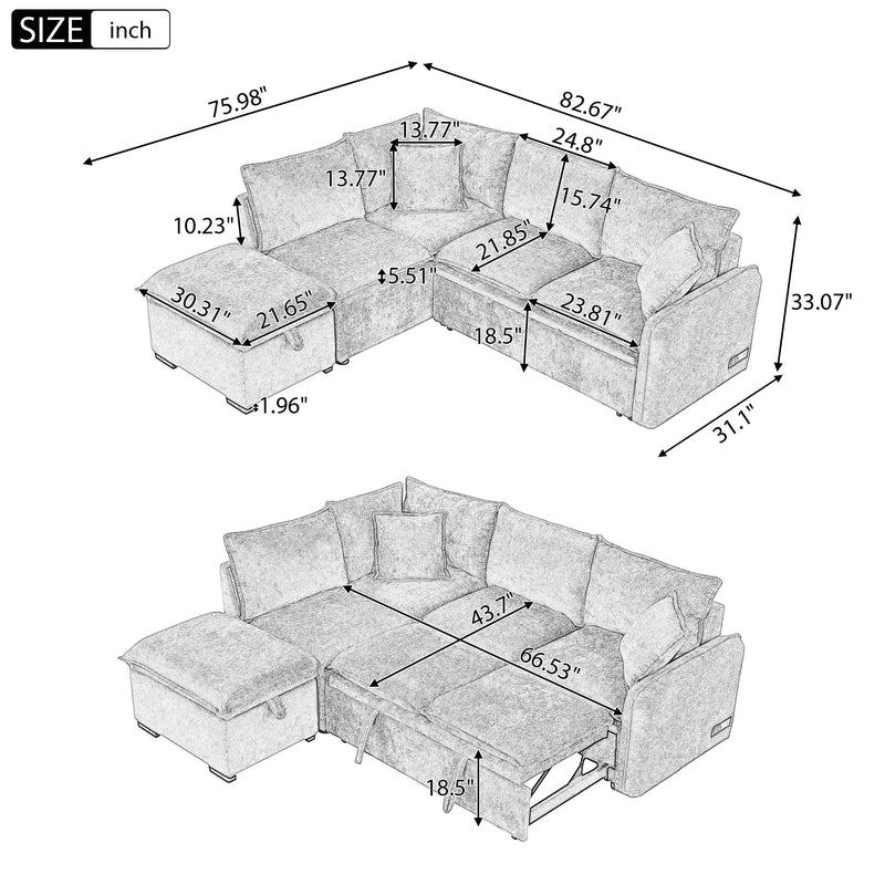 82.67"Convertible Sofa Bed Sectional Sofa Sleeper L-shaped Sofa with a Storage Ottoman,Two Pillows, Two Power Sockets and Two USB Ports for Living Room, Green
