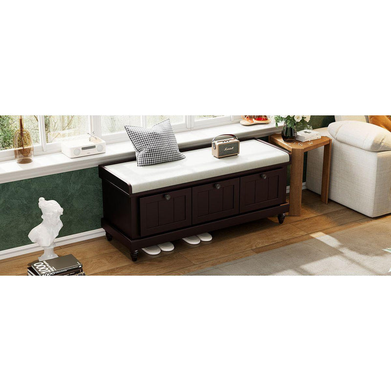TREXM Classic Shoe Bench with Cushion and Three Drawers, Fluted Entryway Bench with Storage for Living Room, Entryway, and Hallways (Espresso)