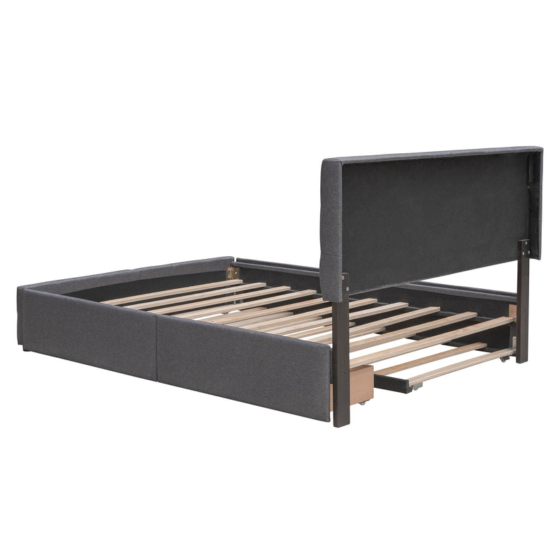 Upholstered Platform Bed with 2 Drawers and 1 Twin XL Trundle, Linen Fabric, Queen Size - Dark Gray
