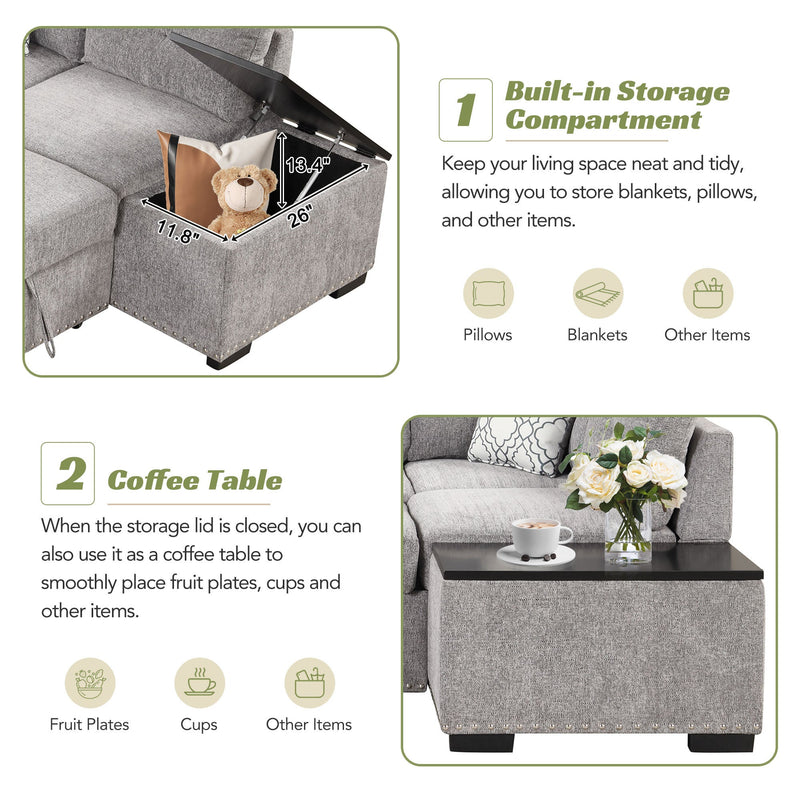 83.8" Reversible Sectional Pull-Out Sofa Bed L-Shaped Corner Sofa Couch with Storage Chaise, USB Ports, Power Sockets, Cup Holder for Living Room, Bedroom, Study,Light Gray