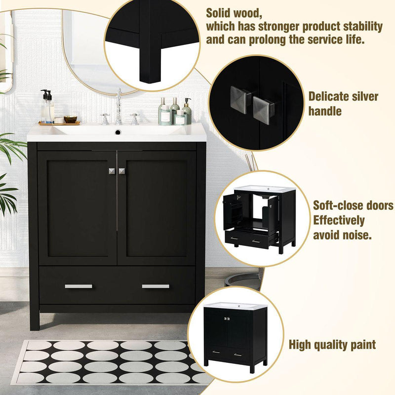 30' Black Bathroom Vanity with Single Sink, Combo Cabinet Undermount Sink, Bathroom Storage Cabinet with 2 Doors and a Drawer, Soft Closing, Multifunctional Storage, Solid Wood Frame