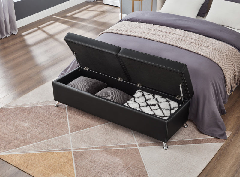 56.7" Bed Bench with Storage Black Leather