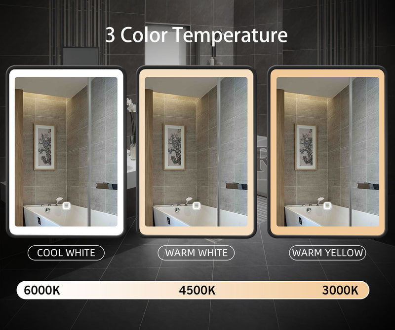 20x28 inch 3 colors with light Black framed Wall mount Medicine Cabinet with Mirror Anti-fog function