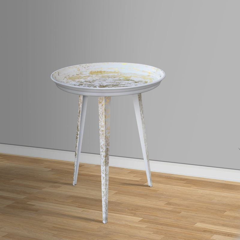 20 Inch Artisanal Industrial Round Tray Top Iron Side End Table, Tripod Base, Distressed White, Gold
