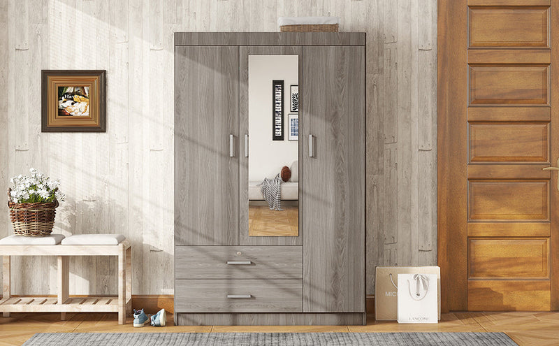3-Door Mirror Wardrobe with shelves, Gray