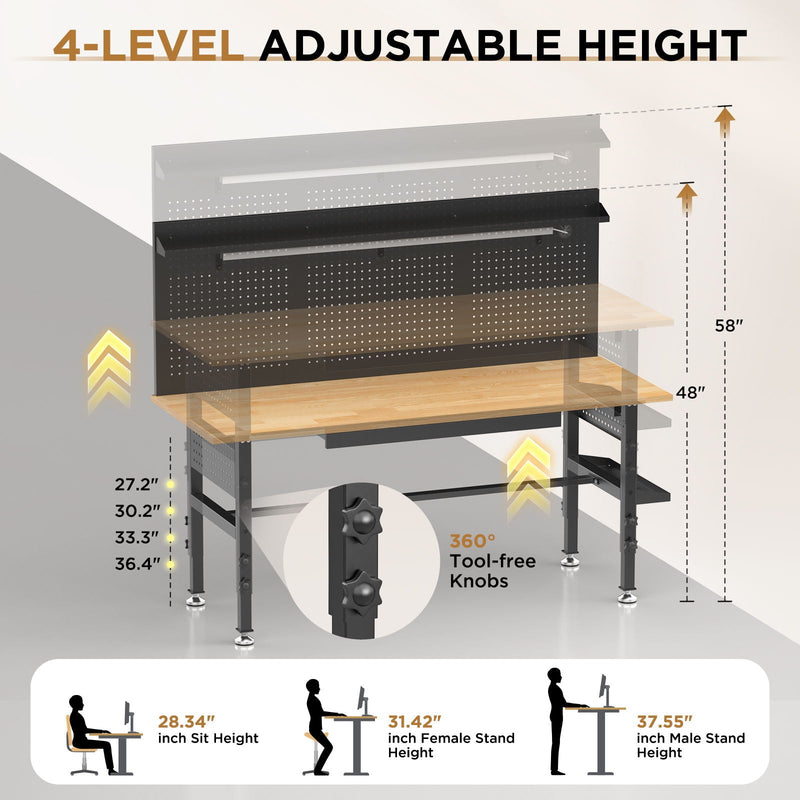 Adjustable Height Workbench, Includes Drawers, Power Outlet, LED Light, Wheels Or Leveling Feet - Black, photo 2 of 9
