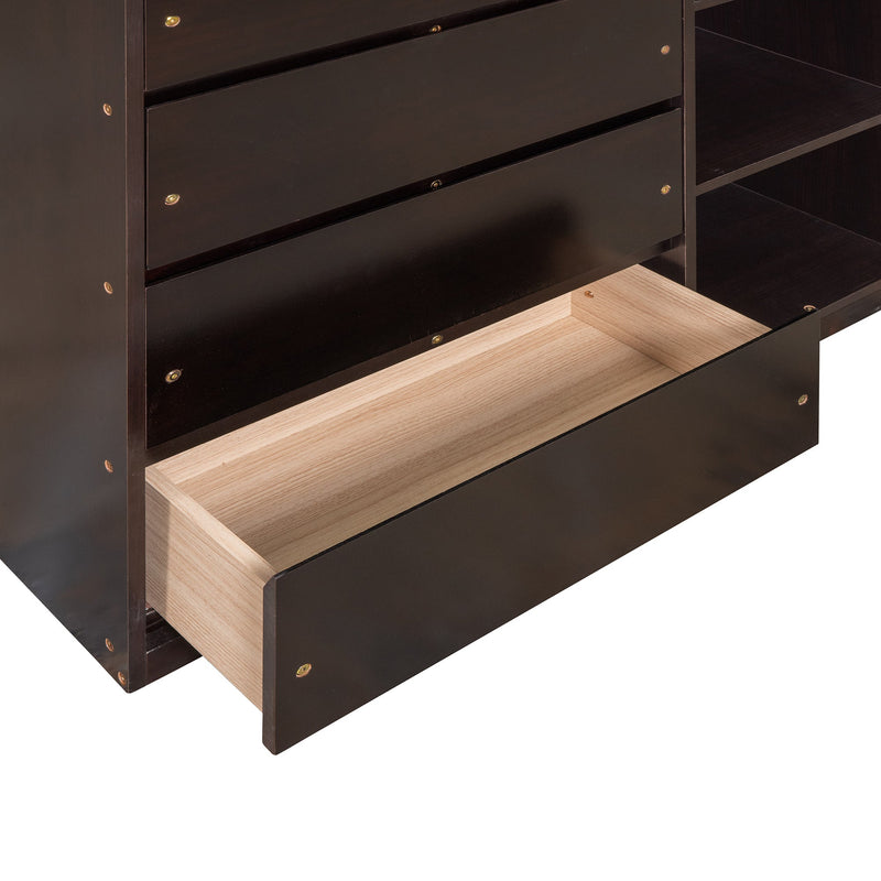 Twin over Twin Bunk Bed with 4 Drawers and 3 Shelves-Espresso