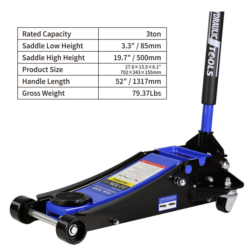 3t Low Profile Jack, Blue and Black, Ultra Low Floor Jack with Dual Pistons Quick Lift Pump, Car Jack Hydraulic AutoLifts for Home Garage, Truck Jack Hydraulic