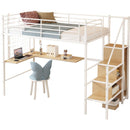 Twin Loft Bed with Desk and Storage Wardrobe, Heavy Duty Loft Bed with Stairs and Metal Grid, Twin Size Loft Bed, No Box Spring Needed, White Loft Bed Twin Size-White