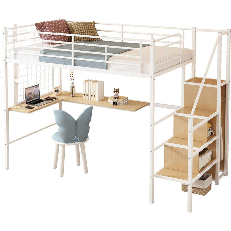 Twin Loft Bed with Desk and Storage Wardrobe, Heavy Duty Loft Bed with Stairs and Metal Grid, Twin Size Loft Bed, No Box Spring Needed, White Loft Bed Twin Size-White
