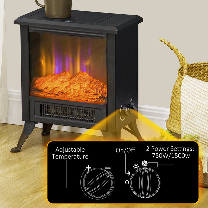 17" Electric Fireplace Stove with Two Heating Modes, Freestanding Fire Place Heater with Realistic Logs LED Flame, Adjustable Temperature, Overheat Protection, 750W/1500W, Black