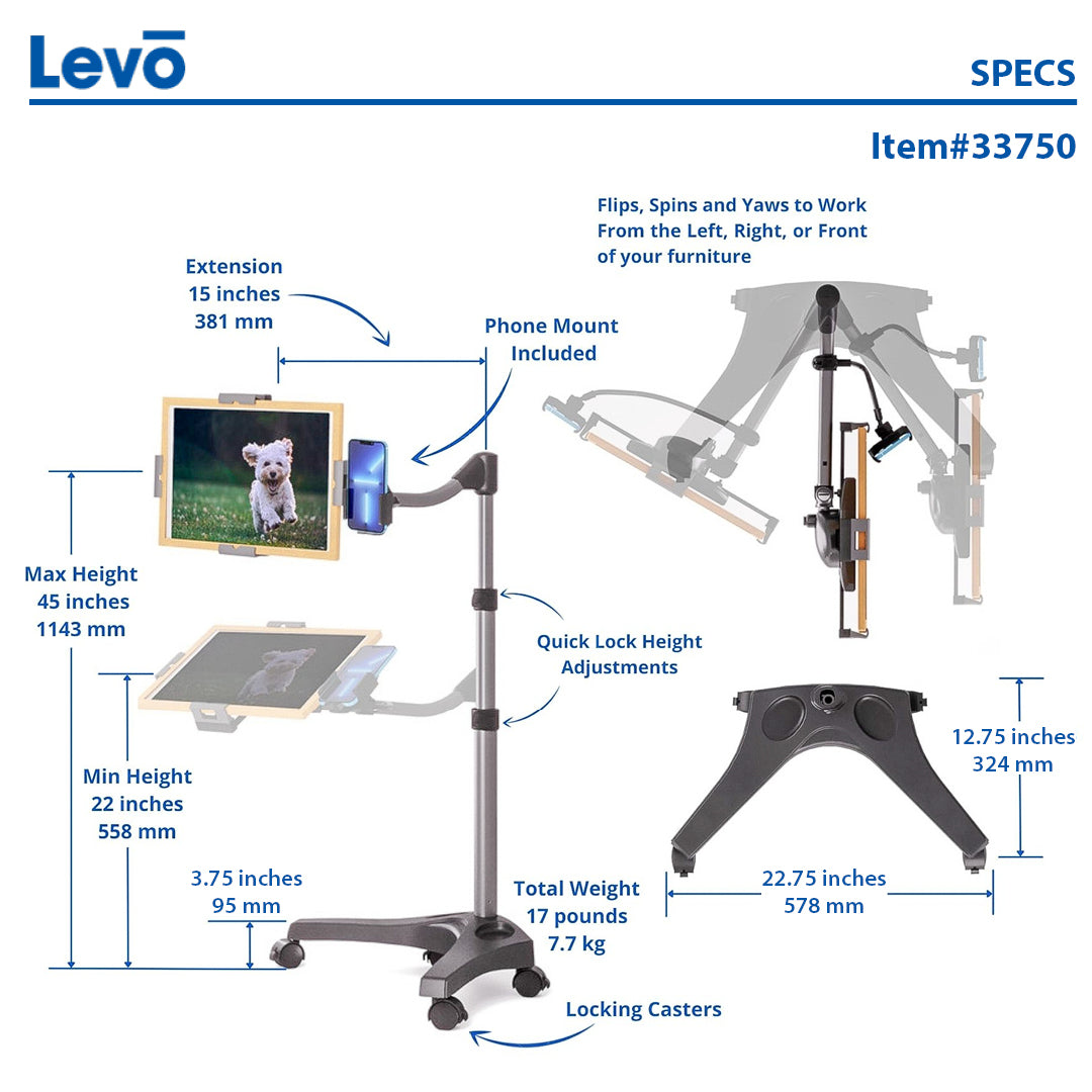 LEVO G2 V16 Rolling Tablet Stand Cart - WITH PHONE MOUNT, photo 7 of 8