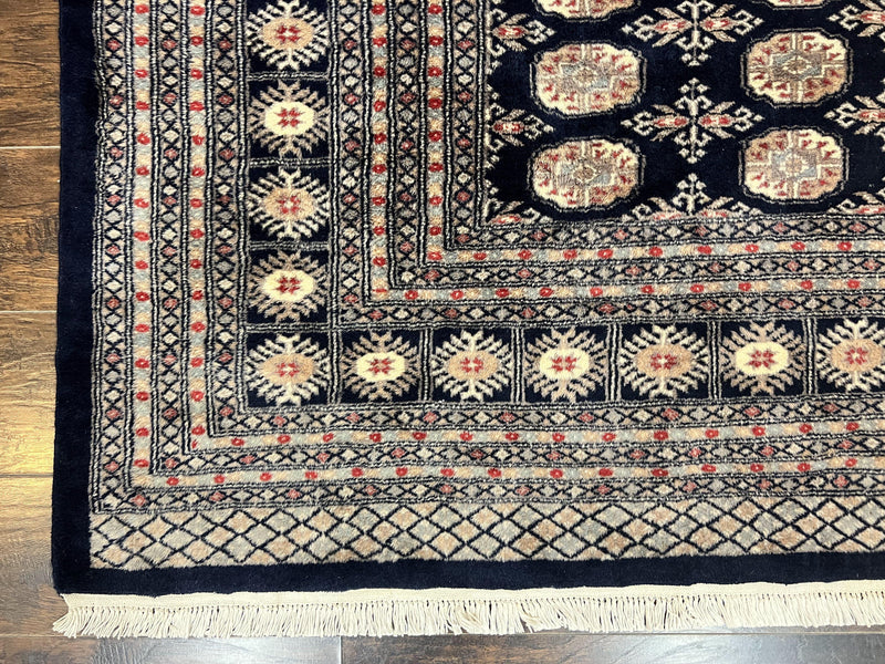 Pakistani Bokhara Rug 8x10, Turkoman Carpet, Dark Blue and Beige, Vintage Handmade Wool Carpet