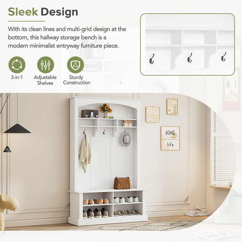 47.2" Wide Hall Tree with Bench and Shoe Storage, Multi-functional Storage Bench with 3 Hanging Hooks & Open Storage Space, Rectangle Storage & Shelves Coat Rack for Hallway, White