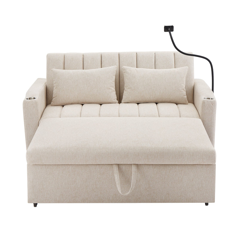 55.9" Convertible Sofa Bed Loveseat Sofa with Three USB Ports, Two Side Pockets, Two Cup Holders and 360Swivel Phone Holder for Living Room, Beige