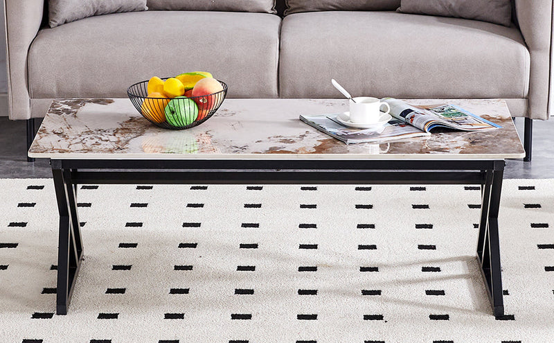 A modern minimalist style marble patterned coffee table with black metal legs. Computer desk. Game table. Tea table. CT-XX