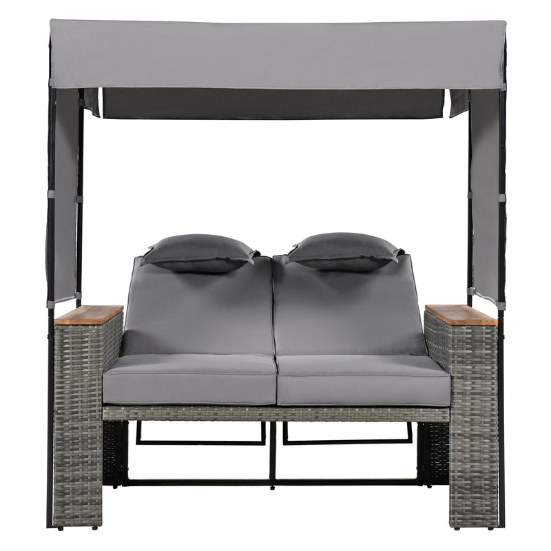 2-Piece Rattan Outdoor Patio Bench Lounge Roof Set, Effective UV Protection Fabric & Waterproof Cushions and Adjustable Backrest for Garden, Backyard and Porch (Grey Wicker + Grey Fabric)