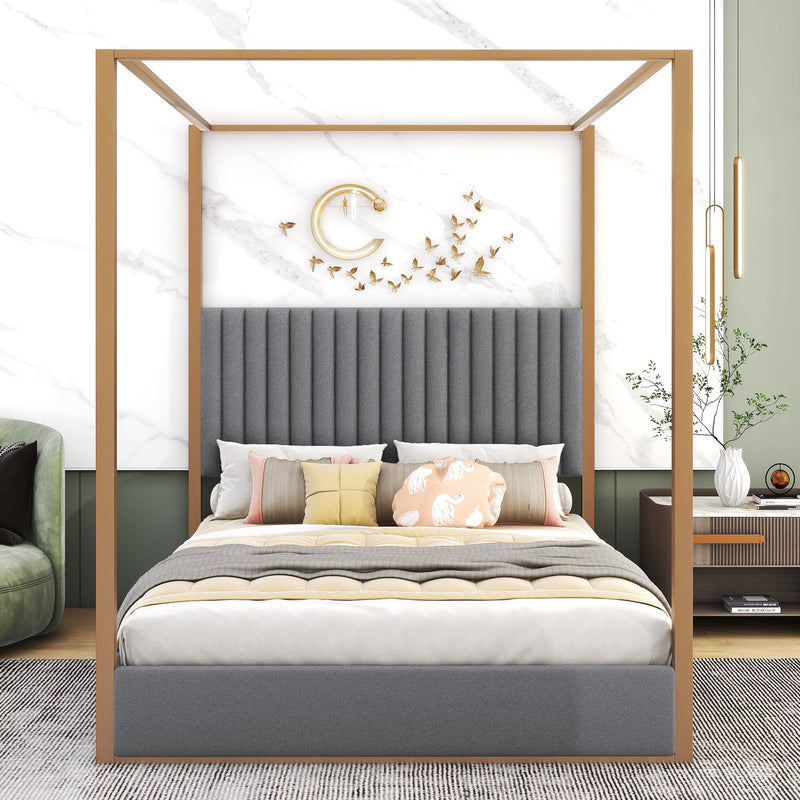 Walker Edison - Queen Size Upholstery Canopy Platform Bed with Headboard and Metal Frame, Gray