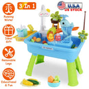 3 In 1 Kitchen Sink Toy with Electric Faucet Water Table Fishing Game Role Play Sink Set Indoor Outdoor for Kids Aged 3+ Years Old