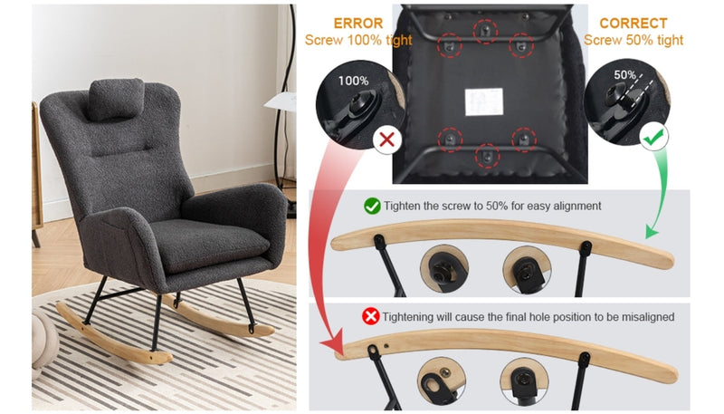 35.5 inch Rocking Chair with Pocket, Soft Teddy Fabric Rocking Chair for Nursery, Comfy Wingback Glider Rocker with Safe Solid Wood Base for Living Room Bedroom Balcony (greg)