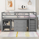 Loft Low Study Bed With Cabinet, Shelves And Rolling Portable Desk, Multiple Functions
