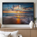 Sunset on the Ocean Beach with Waves, Reflections on Sand,