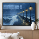 Stormy Ocean Pier Lights Canvas Wall Art Print - Large Moody