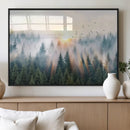 Misty Pine Forest Wall Art Canvas, Sunrise Over Foggy Trees