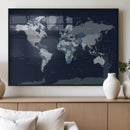 Blue Detailed World Map Wall Art Canvas Print, Modern Framed