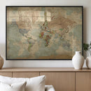 World Map Wall Art Canvas Print, Rustic Map Print, Framed