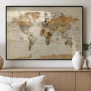 Vintage World Map Canvas Print – Framed Rustic Detailed Map