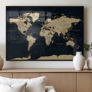 Dark World Map Canvas Wall Art Print, Minimal Black and Gold
