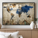 World Map Canvas Print – Vintage Blue and Gold World Map
