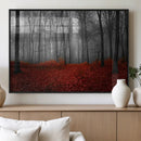 Red Forest Floor Canvas Wall Art – Mystical Foggy Woodland